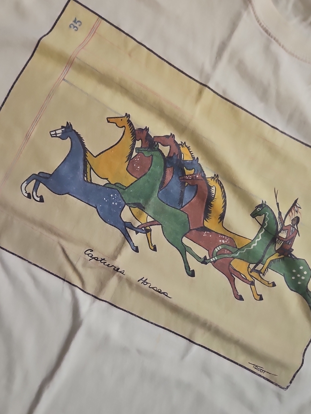 VINTAGE 1990S Graphic Art Tee By TROUT Colorful Running Horses